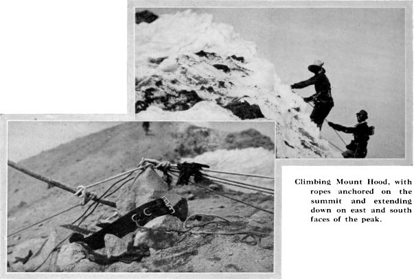 Climbing Mount Hood, with
 ropes anchored on the
 summit and extending
down on east and south
faces of the peak.