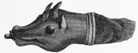 No. 290. Fragment of a Terra-cotta Vessel, in the shape
of a Horse’s Head (4 M.).
