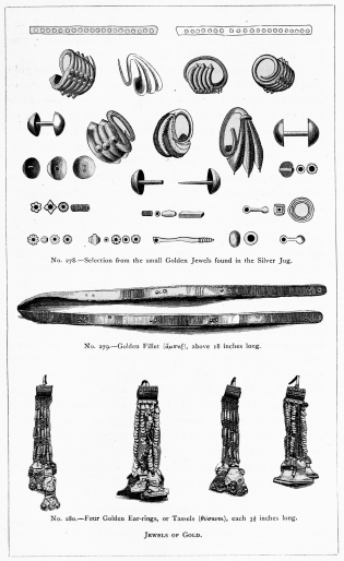 No. 278.&mdash;Selection from the small Golden Jewels found in the Silver
Jug.

No. 279.&mdash;Golden Fillet (ἄμπυξ), above 18 inches long.

No. 280.&mdash;Four Golden Ear-rings, or Tassels (θύσανοι), each 3½ inches
long.

JEWELS OF GOLD.

THE TREASURE OF PRIAM.

Page 336.


