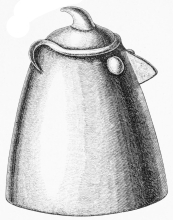 No. 195. Profile of a Vase-cover, with the Owl’s Face and
Helmet of Athena, in brilliant red Terra-cotta. Found in an urn on the
Tower (8 M.).