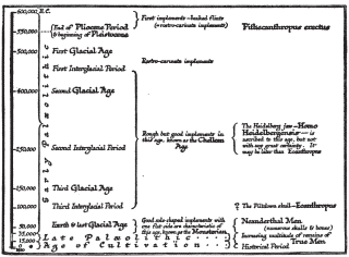 Time Diagram of the Glacial Ages.

The reader should compare this diagram carefully with our first time
diagram, Chapter II, § 2, p. 14. That diagram, if it were on the same
scale as this one, would be between 41 and 410 feet long. The position
of the Eoanthropus is very uncertain: it may be as early as the
Pliocene