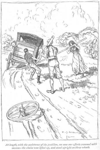 At length, with the assistance of the postilion, we saw our efforts crowned with success&mdash;the chaise was lifted up, and stood upright on three wheels