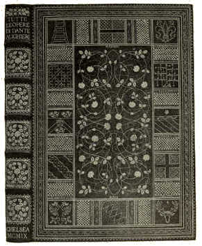 BOOKBINDING IN BLUE PIGSKIN, WITH HERALDIC BORDER
ENCLOSING A PANEL OF FLORAL DESIGN AND BACKGROUND OF POINTILLÉ. BY
KATHARINE ADAMS