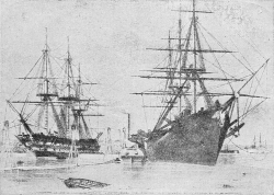 Fig. 15.&mdash;Reshipment of the Cable aboard H.M.S. Agamemnon
and U.S.N.S. Niagara in Keyham Basin.