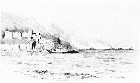 Tenedos

An island close to the Asiatic side of the entrance to the Dardanelles.
It served as a base for Greek torpedo-boat destroyers. Here one of these
held up the ship I was sailing in.