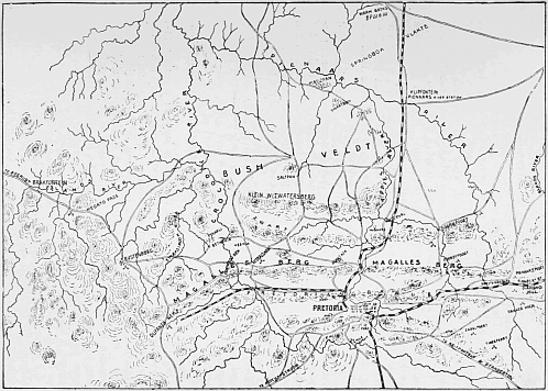The Battlefields of Pretoria. (From a personal survey).
Scale 17 miles to an inch.