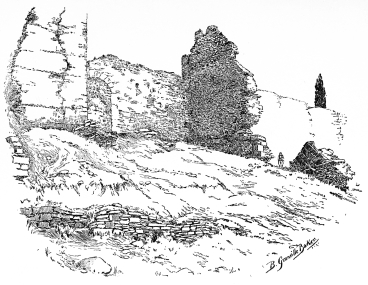 The Valley of the Lycus, showing where the last Emperor
fell.

One more look upon the ruined curtain through which the built-up arch
gave ingress to retreating Greeks and Ottoman assailants on that 29th of
May, there in the angle caused by the wall and its southern flanking
tower you may faintly see the remains of a postern-gate. There fell
Constantine, the last of the Emperors of the East.