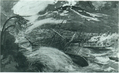 A sketch of the havoc wrought in St. Pierre Harbor on Martinique during the eruption of Mont Pel&eacute;e in 1902.