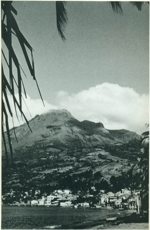 The port city of St. Pierre on the island of Martinique; Mont Pel&eacute;e is in the background. In 1902, this city was entirely destroyed by pyroclastic flows; about 30,000 people died.