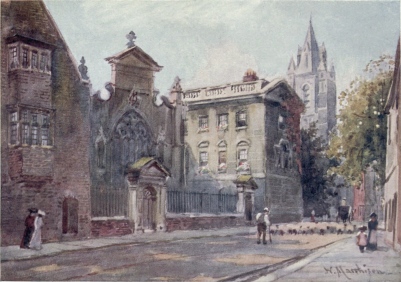PETERHOUSE FROM THE STREET

The Tower of the Congregational Church in the distance.