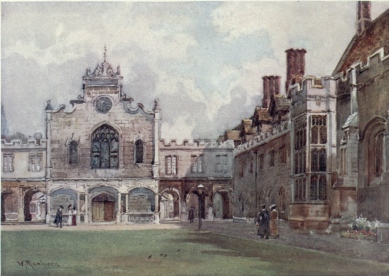 PETERHOUSE&mdash;THE FIRST COURT

The entrance to the chapel faces the spectator. On the right is seen the
Combination Room (1460) and the Hall. Through the Cloisters we get a
view into the street. This is the oldest college in Cambridge.