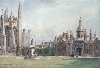 KING’S COLLEGE CHAPEL AND THE ENTRANCE COURT, FROM THE FELLOWS’
BUILDINGS

A portion of the Chapel is seen on the left of the picture with Great
St. Mary’s tower in the distance. The Screen and Gate are on the
right.