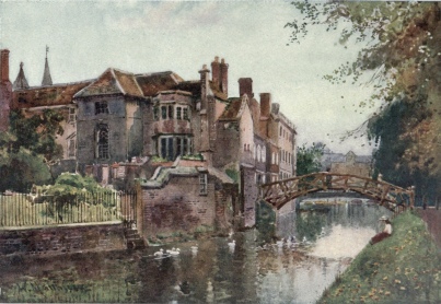 QUEENS’ COLLEGE FROM THE RIVER FRONT

On the left is seen the garden front of the President’s Lodge. The
wooden bridge designed by Etheridge (1749) is known as the Mathematical
Bridge. In the distance are the two old mills&mdash;the King’s Mill and the
Bishop’s Mill.