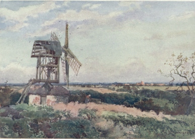 MADINGLEY WINDMILL

This old ruin is on a hill near Madingley, about four miles from
Cambridge. A great sweep of Fen Country is seen in the far distance. The
long range of red buildings in the middle distance is Girton College. On
a clear day Ely Cathedral can be seen from the left of the windmill.