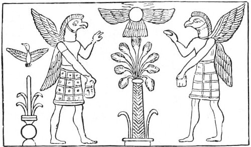 Fig. 4.&mdash;Sacred tree with its supporters, surmounted by the winged disc.(From an Assyrian cylinder. Goblet d&rsquo;Alviella.)