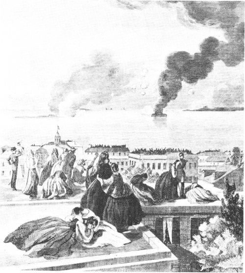 The housetops in Charleston during the bombardment of April 12-13, 1861. From Harper&rsquo;s Weekly, May 4, 1861.