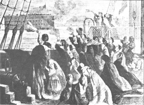 In the face of war preparations, wives and children leave Fort Sumter, February 3, 1861. From Frank Leslie&rsquo;s Illustrated Newspaper, February 23, 1861.