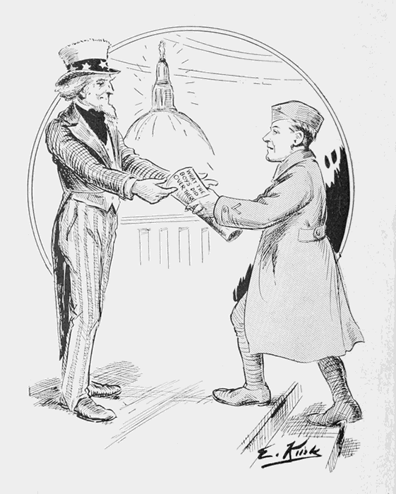 Soldier
presenting book to Uncle Sam