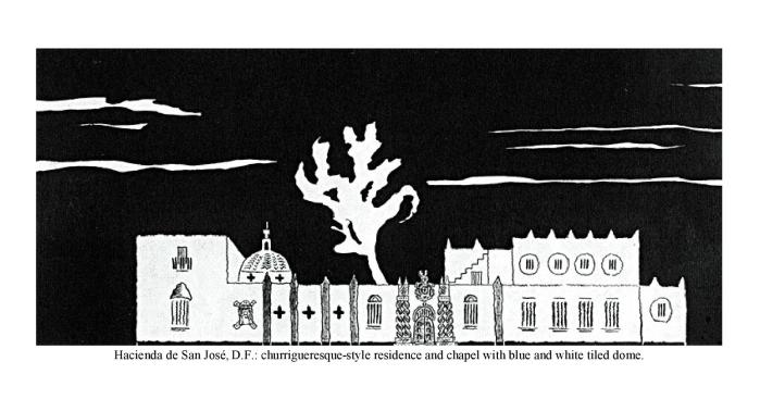 Hacienda de San Jos�, D.F.: churrigueresque-style residence and chapel with blue and white tiled dome.