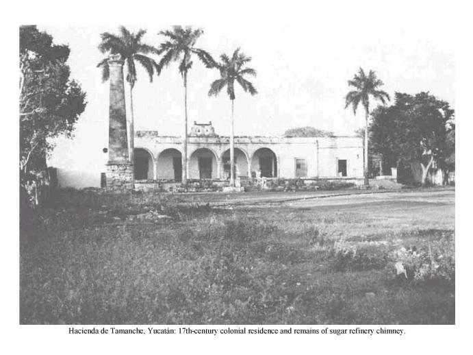 Hacienda de Tamanche, Yucat�n: 17th-century colonial residence and remains of sugar refinery chimney.