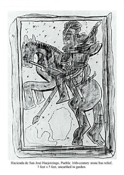 Hacienda de San Jos� Huejotzingo, Puebla: 16th-century stone bas relief, 3 feet x 5 feet, unearthed in garden.