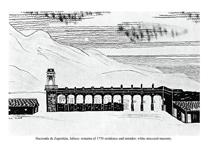 Hacienda de Zapotit�n, Jalisco: remains of 1750 residence and mirador; white stuccoed masonry.