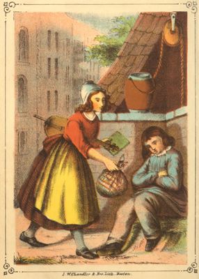 girl
holding a violin and giving a knapsack to a boy