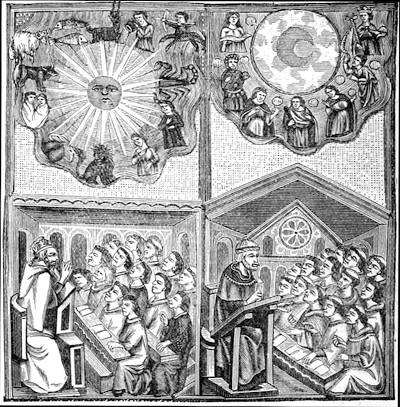 Two pictures of Saints(?) preaching to monks below images
of day and night sky