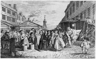 A Fleet Wedding

From the picture by Hogarth

The Fleet Prison was a popular place for clandestine marriages in
the seventeenth century, and the Fleet parsons, so-called, did a
thriving business. Two thousand marriages were performed within a
few years by one of the parsons entitled the “Bishop of Hell,” who
was, like most of them, merely a layman assuming cassock and gown.
Bridegrooms were kept on hand for emergency, and a “plyer” stood
outside soliciting business for his employer, the “parson.”