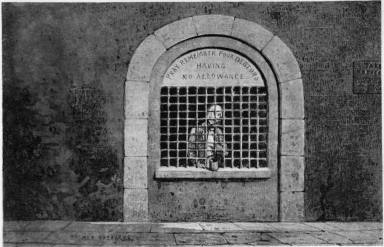 The Fleet Beggar

From the painting by Hosmer Shepherd

At the barred window at the gate of the Fleet prison, it was the
custom for an emaciated debtor to sit, rattling his money-box and
imploring alms. English law made no regular provision for the
imprisoned debtors. The creditor was supposed to contribute
fourpence daily to provide him with food, but this was rarely made
and could only be enforced by process of law.
