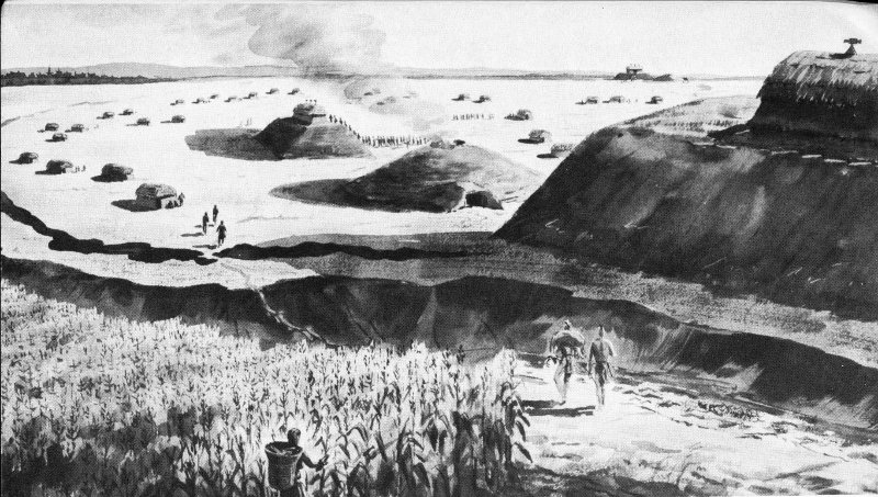 Ancient Life at Ocmulgee. Artist&rsquo;s conception of temple mound village of about A. D. 1000, seen from the riverside.
