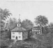 THIRD MEETING-HOUSE, 1695-1729.

(OLD INDIAN HOUSE ON THE RIGHT.)