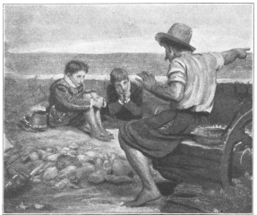The boyhood of Raleigh. As he listens to the sailor’s
tale of the land beyond the sea, Raleigh resolves to win it for England
when he is a man.

From the painting by J. E. Millais
