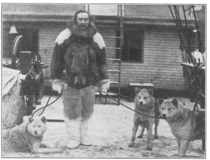 Peary in Arctic dress with his Eskimo dogs

©1909, Doubleday, Page & Co.