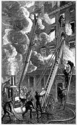 FIRE-ESCAPE AND STEAM FIRE-ENGINE IN ACTION

(From a drawing supplied by the Royal Society for the Protection of
Life from Fire)