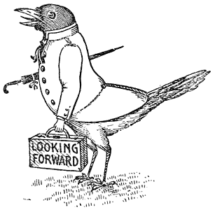 Dressed-up bird with suitcase saying &ldquo;Looking Forward/&rdquo;