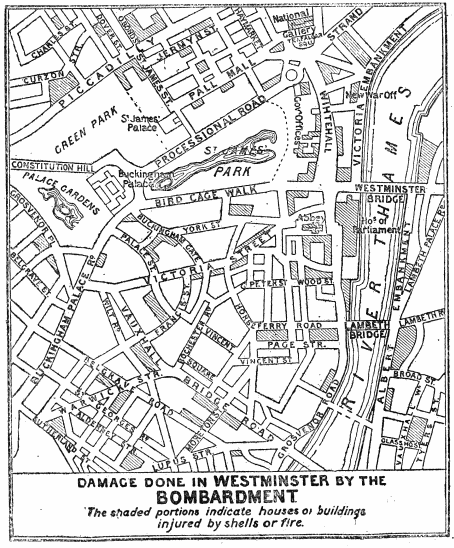 Image unavailable: damage done in WESTMINSTER by the BOMBARDMENT.

The shaded portions indicate houses or buildings injured by shells or
fire.