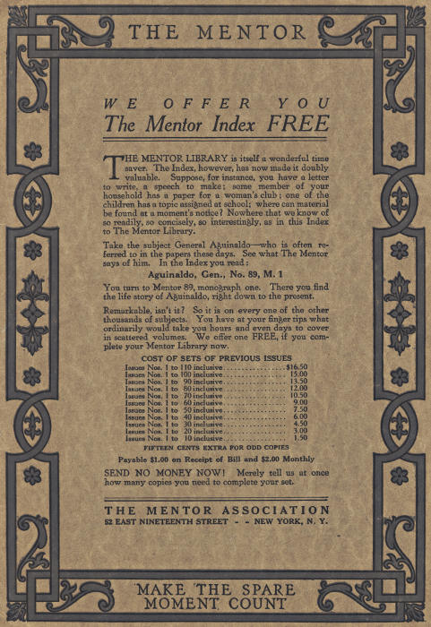 Back cover page: We offer you The Mentor Index free