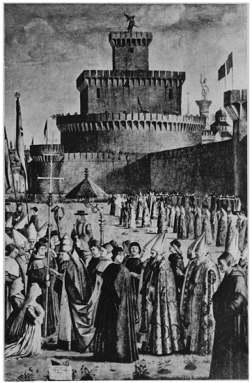 The Castle of St. Angelo in 1490 The Meeting of St.
Ursula and the Pope

From the painting by Carpaccio, In the Academy of Fine Arts, Venice

St. Ursula and her bridegroom are kneeling to receive the benediction of
the Pope, who stands in the foreground, his train of cardinals and
bishops stretching behind him. This ancient castle is intimately
connected with the criminal history of Rome from the earliest days, by
turns a tomb, a chapel, a prison and a fortress.