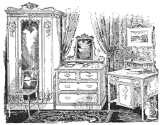 HEWETSONS’ ‘Princess May’ Bedroom Suite

Enamelled White Carton Pierre Mountings, Brass Handles, and
comprising:&mdash;Wardrobe (Glass Door), Dressing Chest with Glass,
Washstand (Marble Top, Tile Back, and Brass Towel Rail), and Two
Cane-seated Chairs.

£7, 15s. 0d. THE SET