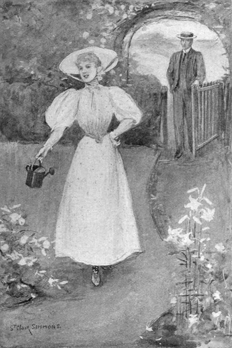 [Illustration: Dot, holding a small watering can, is in the foreground.
 Larrie is in the background, coming through the garden gate.

 Illustration is signed St Clair Simmons.]