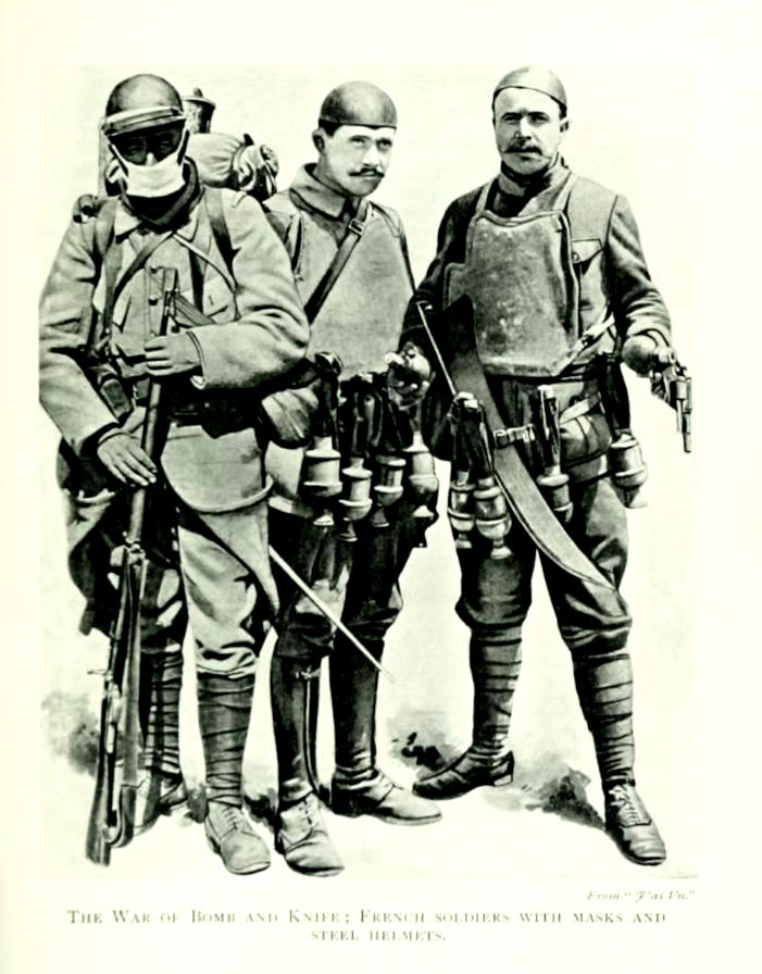 The War of Bomb and Knife: French soldiers with masks and steel
helmets.