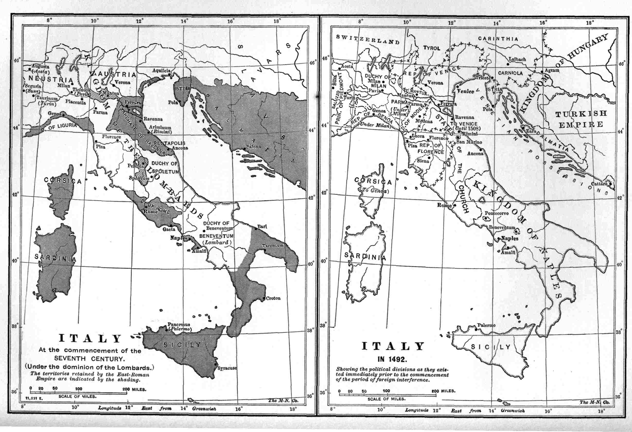 Two maps of Italy, at the
beginning of the Seventh Century, and A. D. 1492.