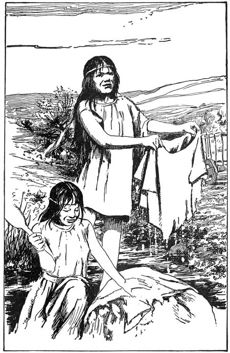 Colla, Putsha, and the other women put soap on the clothes; then
they dipped them into the creek