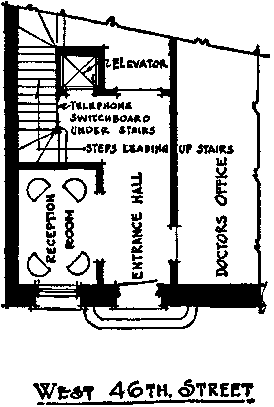 A plan of the ground floor of
    an apartment building in West 46th Street. The entrance is on the
    south side, and an entrance hall leads into a room with an
    elevator. Stairs wind around an elevator shaft, and a small room
    containing a telephone switchboard is next to the elevator doors,
    underneath the stairs. To the left of the entrance hall is a
    reception room.