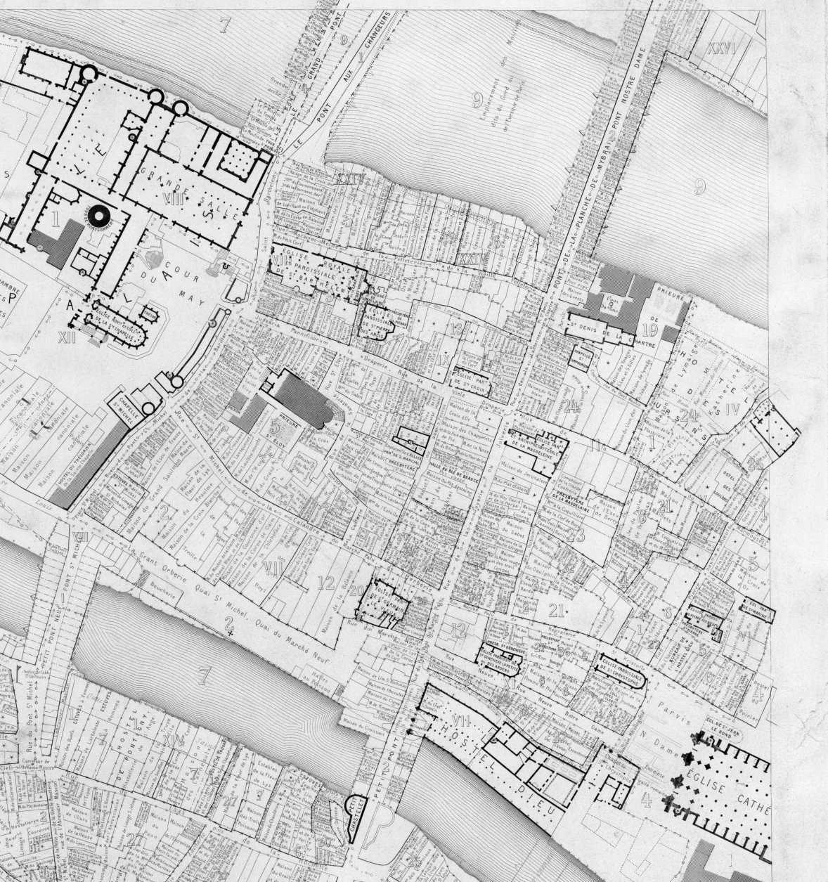 Paris.&mdash;Typ. Tolmer et Cⁱᵉ.


LA CITÉ AU XVᵉ SIÈCLE

AVEC LES ENSEIGNES DES MAISONS

Extrait de la feuille X du plan de l’ancien Paris, restitué par Albert
Lenoir et Adolphe Berty. (Archives de la Commission des Monuments
Historiques.)