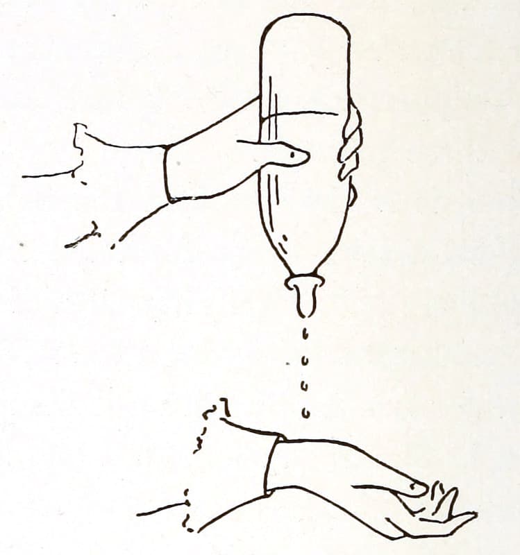 A hand dripping milk on the inside
of the wrist of the other hand