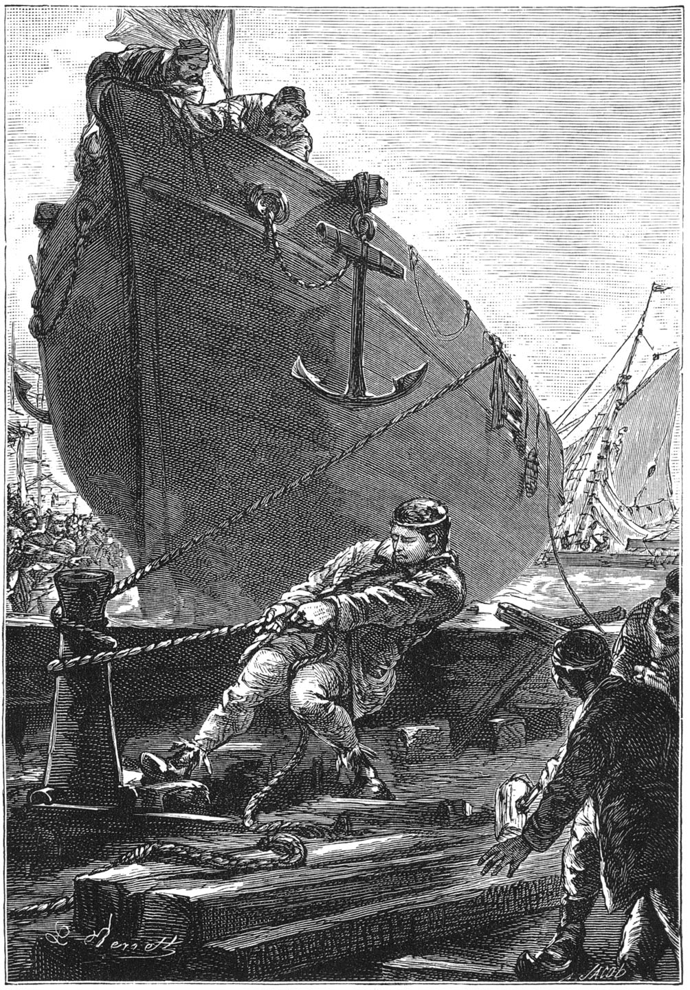 Hij spande alle krachten in, de spieren zijner armen en beenen zwollen als koorden op. (Bladz. 183.)
