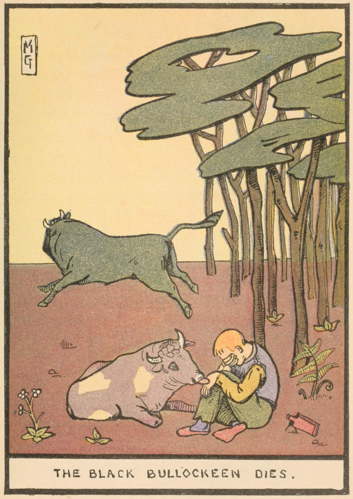 A boy sits on the ground crying, with a bull stretched out next to him, licking his arm. In the background another bull runs away.