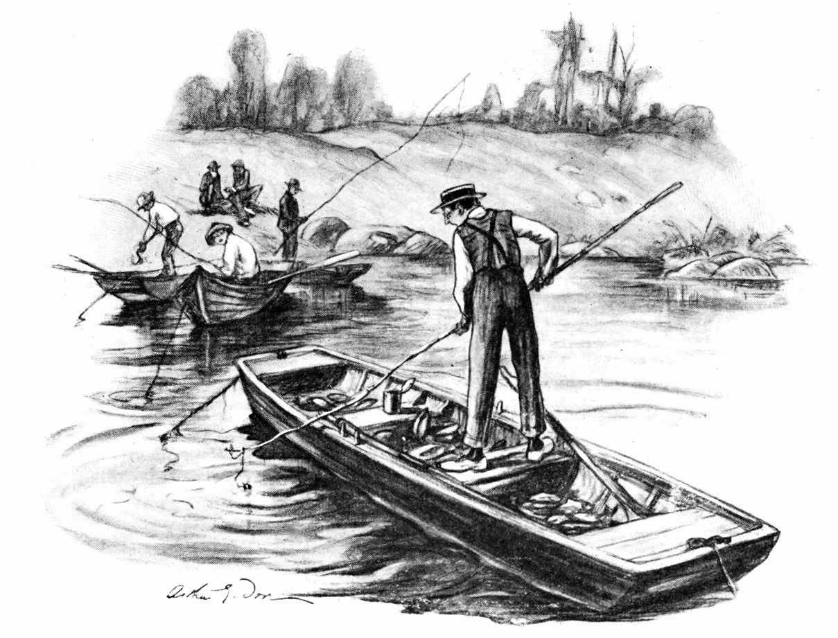 Boys fishing from small boats